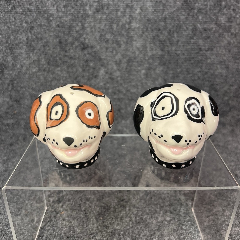 Spotted Dog Salt & Pepper Shaker Set Whimsical Signed Ceramic Brown Black White